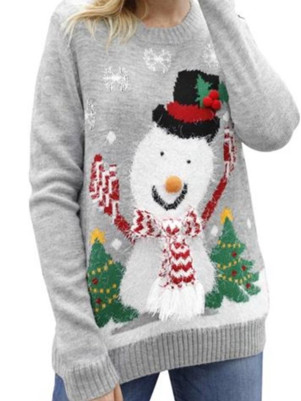 Snowman Christmas Sweater 3D Scarf Applique Crew Neck Gray XL